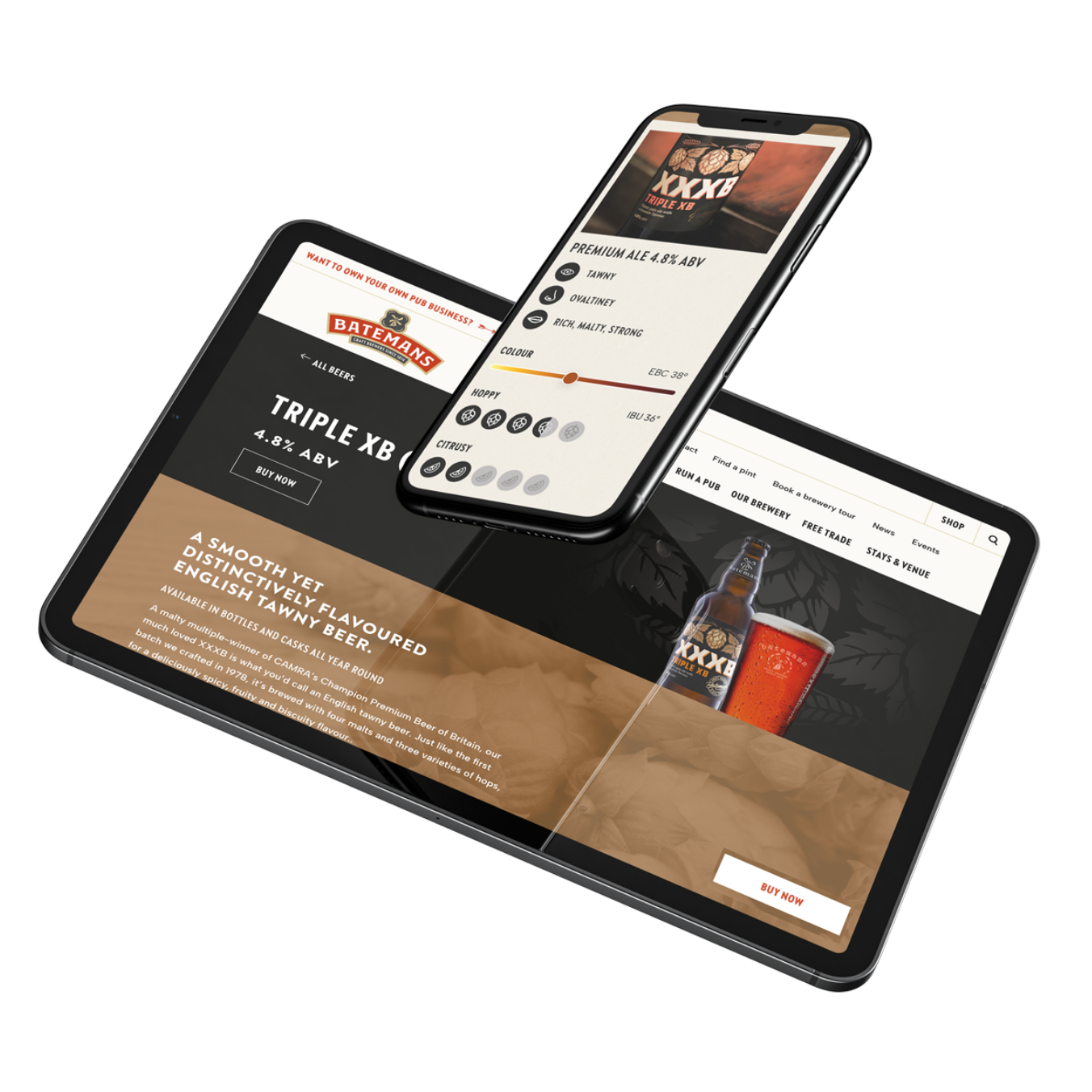 Batemans website showing the Triple XB pages on a table and mobile device