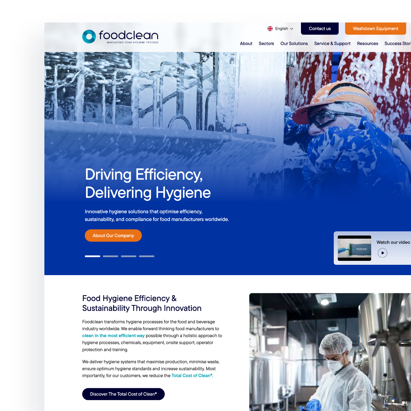 Hero section design for the FoodClean website with bold messaging, product visuals, and a call-to-action overlay.