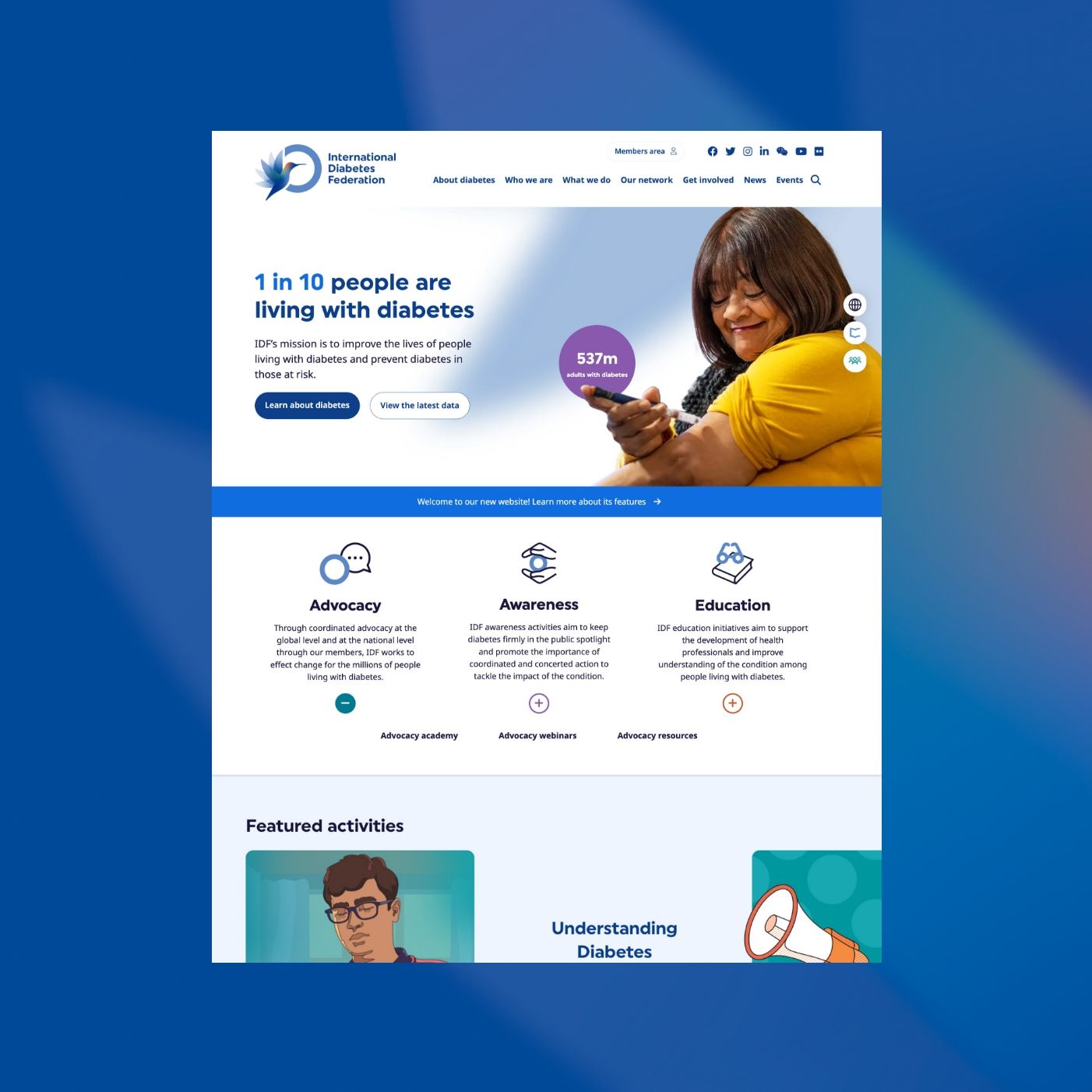 Square preview of the International Diabetes Federation (IDF) website homepage, featuring the hummingbird logo, navigation, and featured messaging.