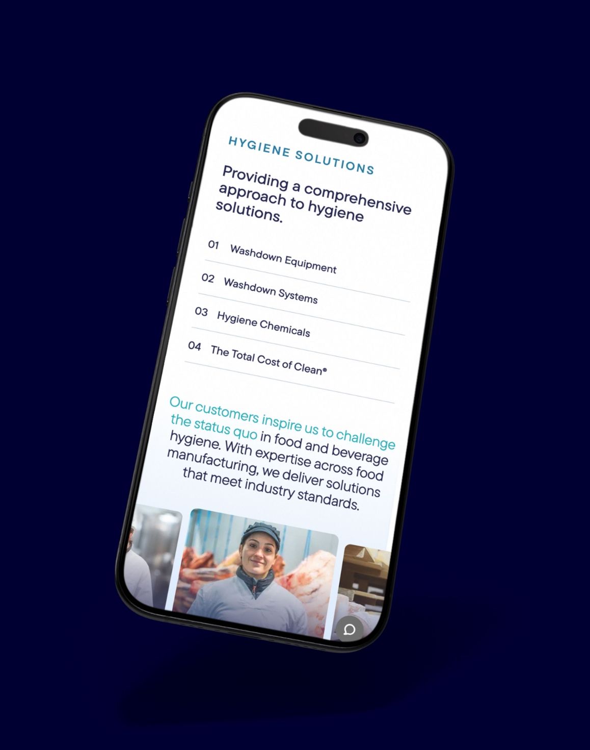 Mobile view of the FoodClean website showing product navigation and responsive design for hygiene technology users.